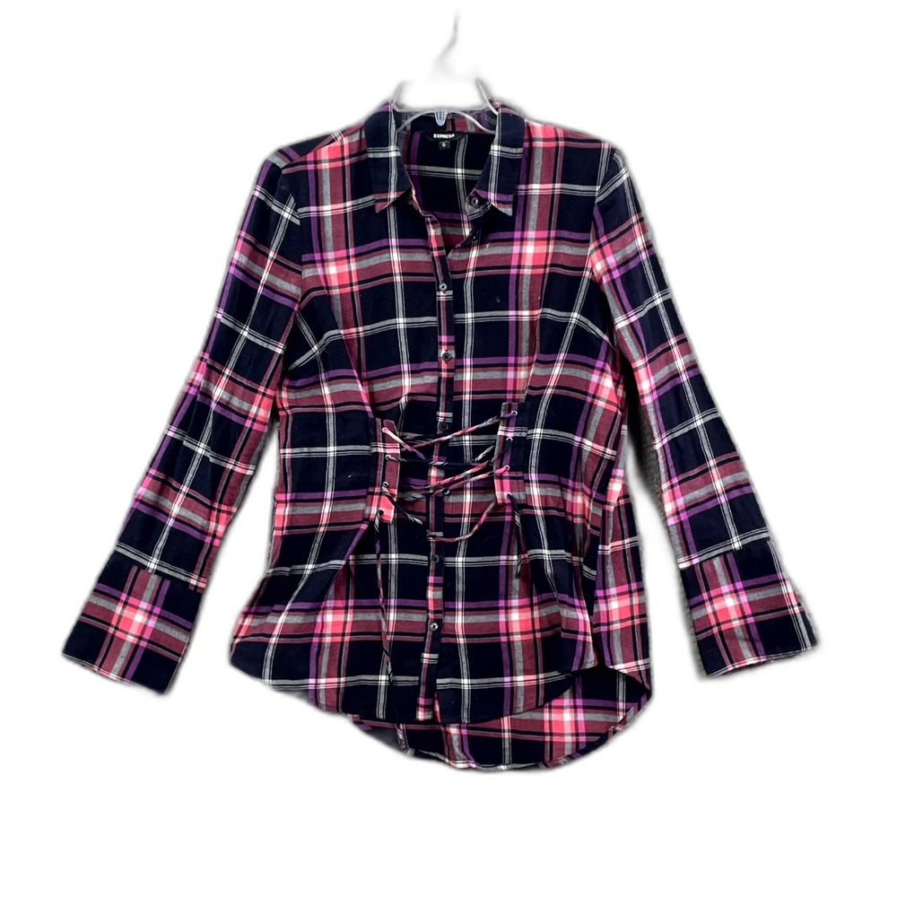 Express Lace Up Corset Flannel Top Womens‎ M Multicolor Plaid Button Up Corpore
